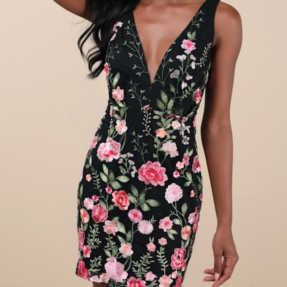 Lulu's Black Floral Embroidered Deep V Mini Dress